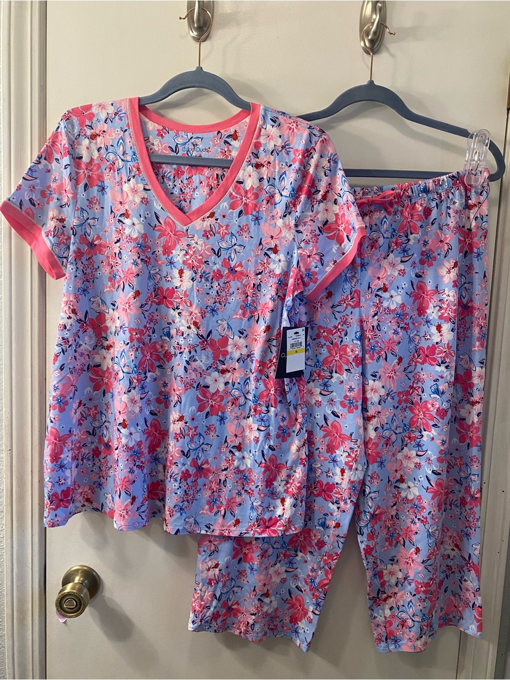 Cuddl Duds Pink & Light Blue Floral V-Neck Pajama Set